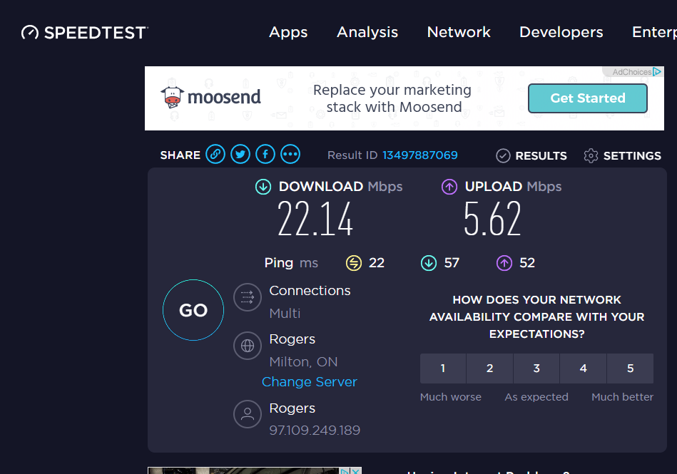 Ookla internet speed test result