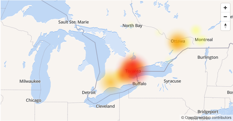 Live Rogers outage heat map Ontario
